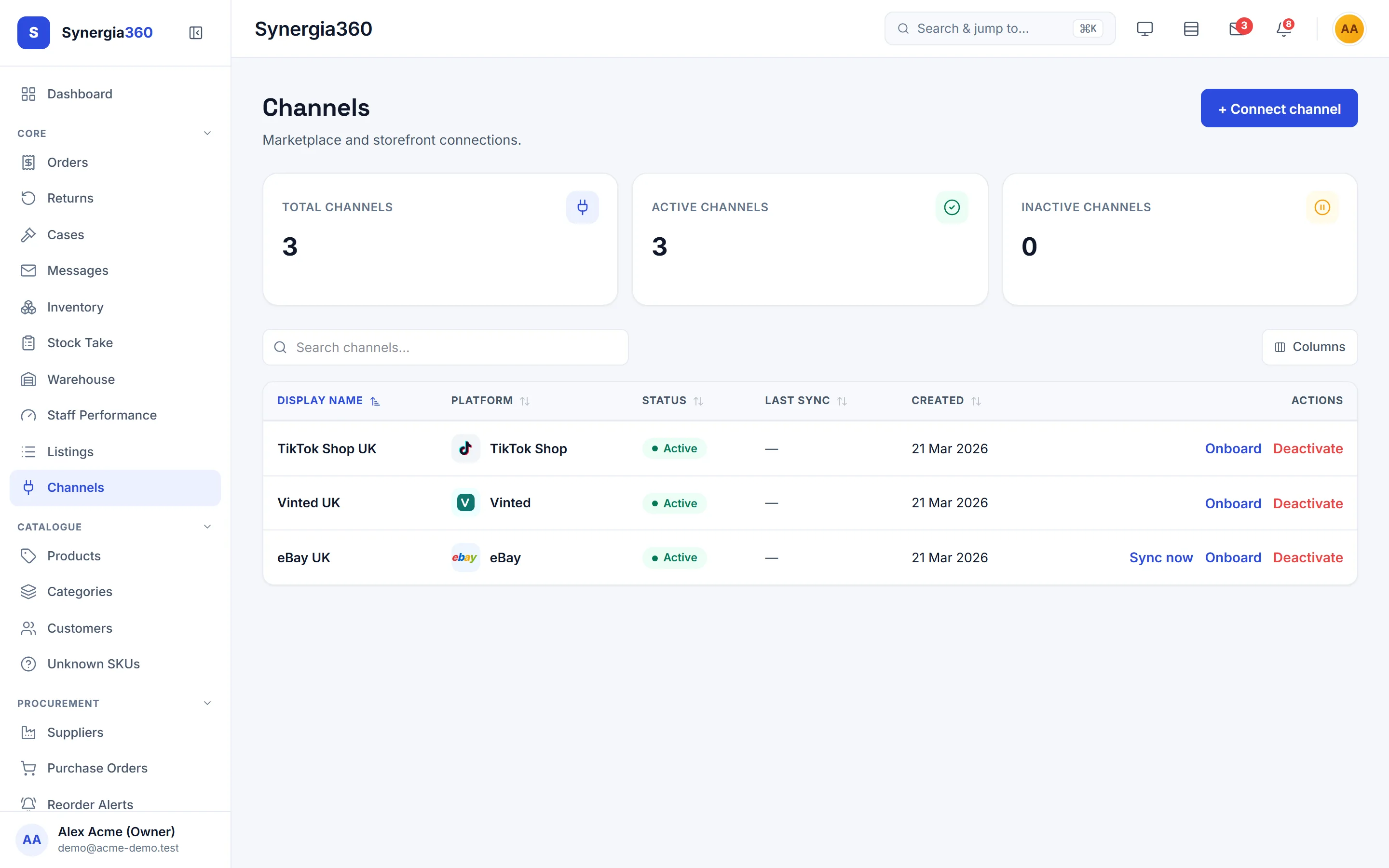 Synergia360 channels — connected marketplaces and connect dialog