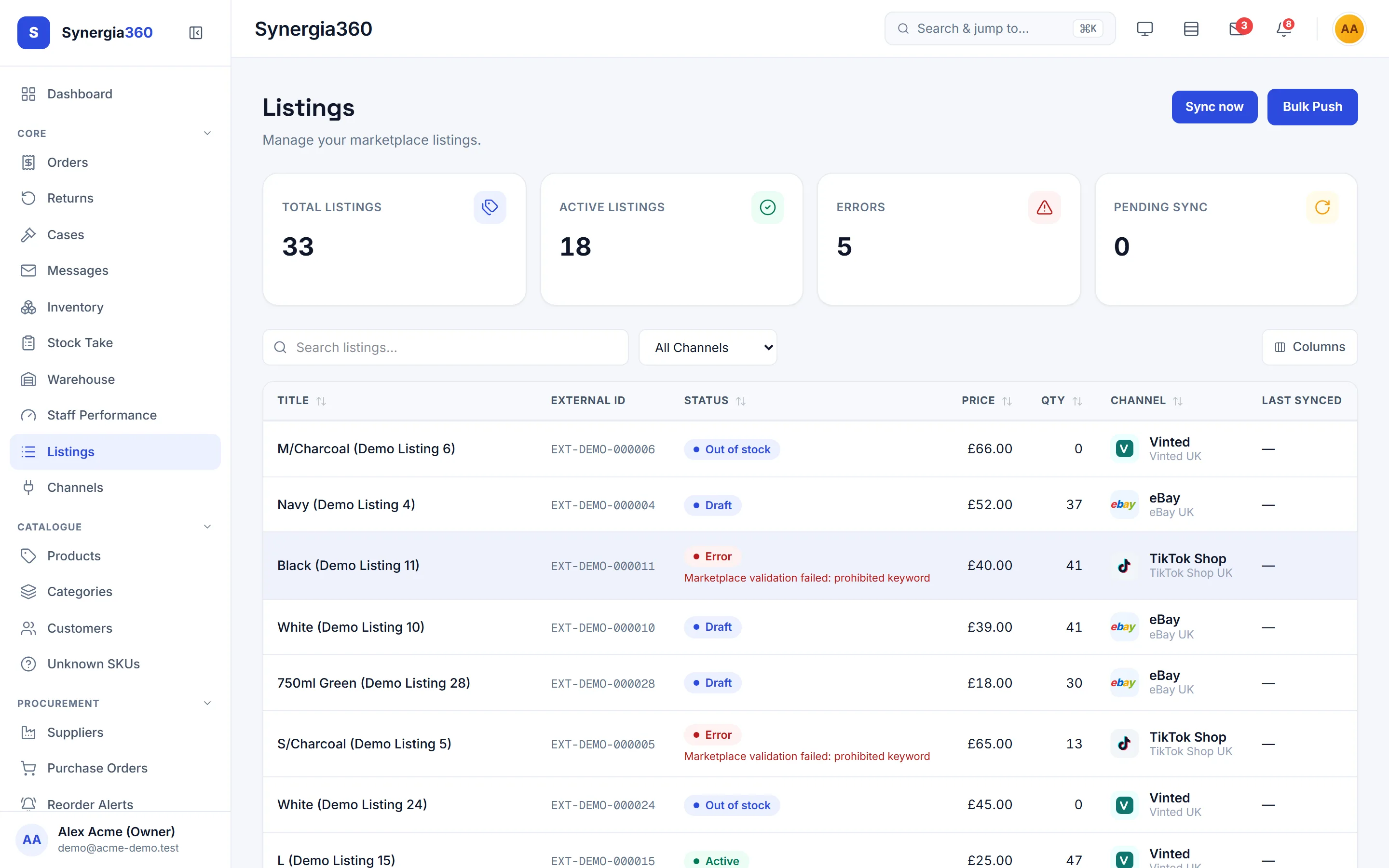 Synergia360 multi-channel listings — status, price, channel and sync state per listing