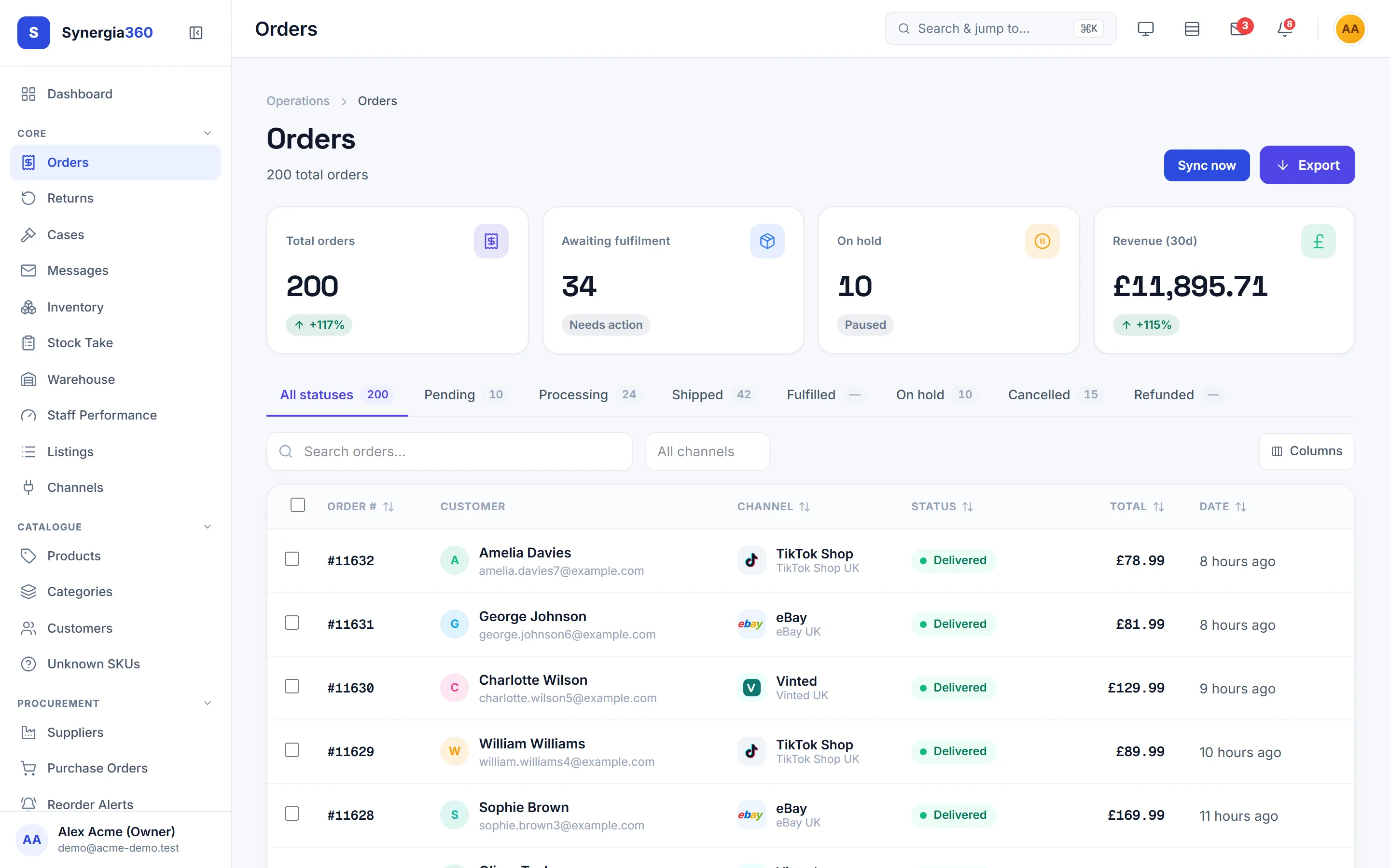 Synergia360 order queue — orders from eBay, Amazon and Etsy with status, channel and value