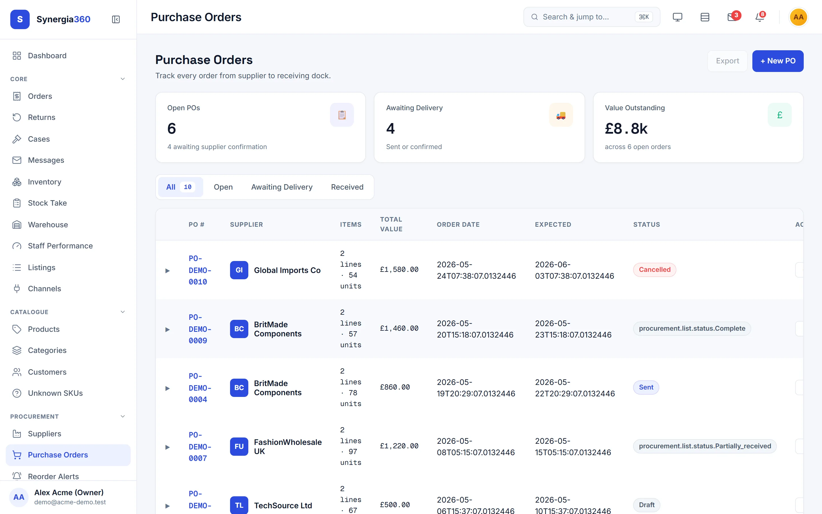 Synergia360 purchase orders — PO queue with status and expected delivery