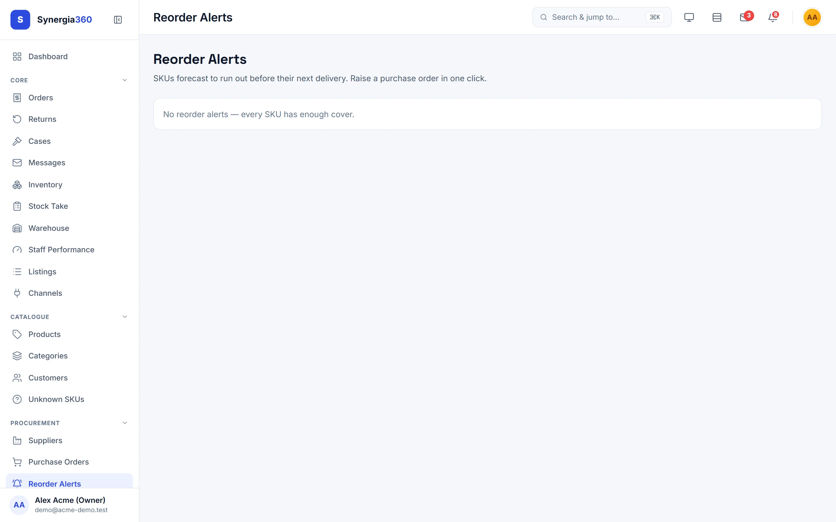Reorder alerts with suggested quantities