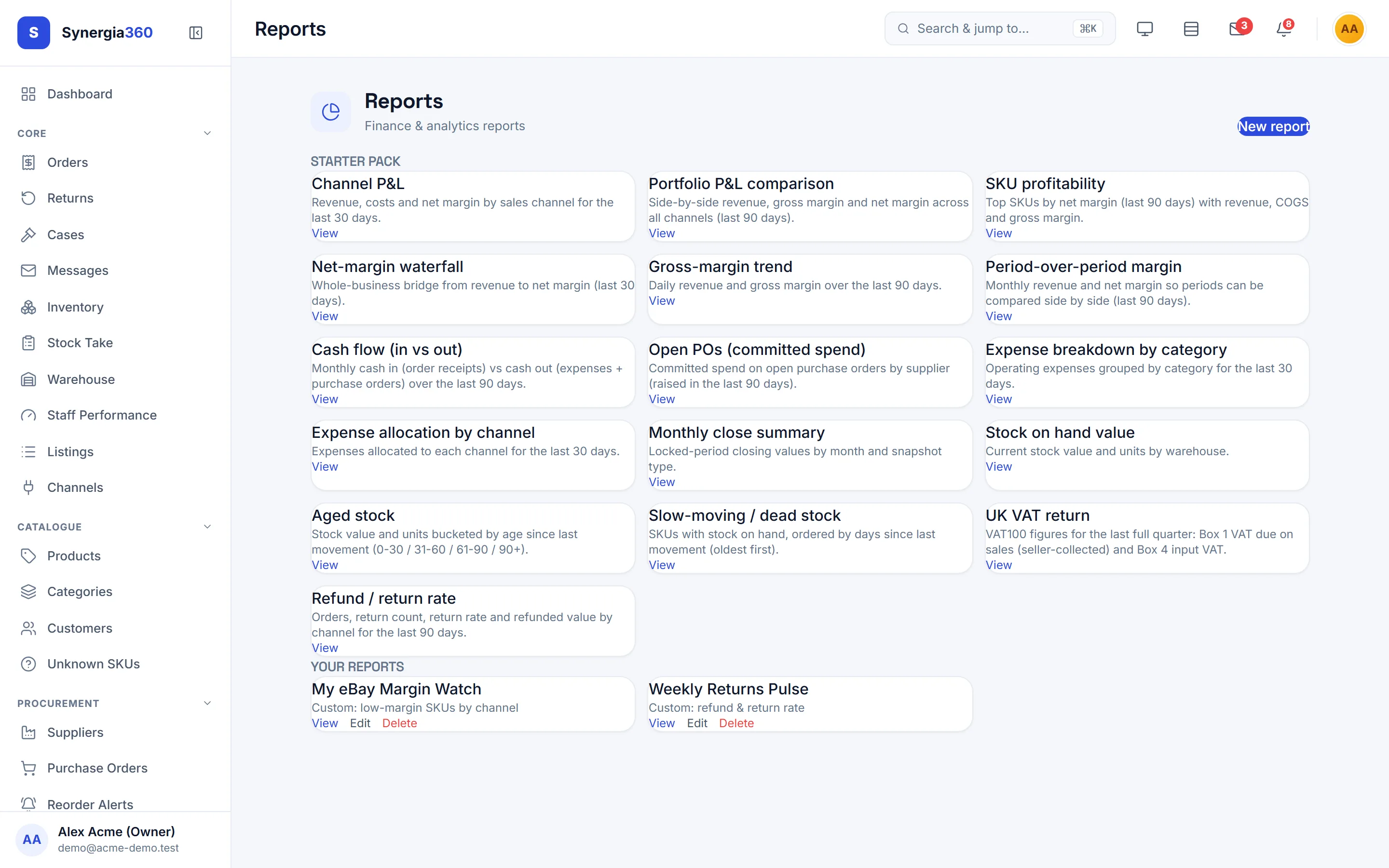 Reports list with starter pack and custom reports