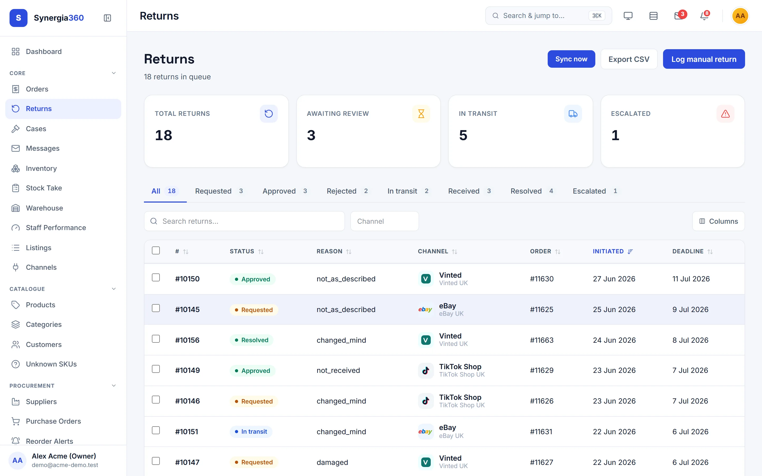 Synergia360 returns queue — return requests with status and refund detail