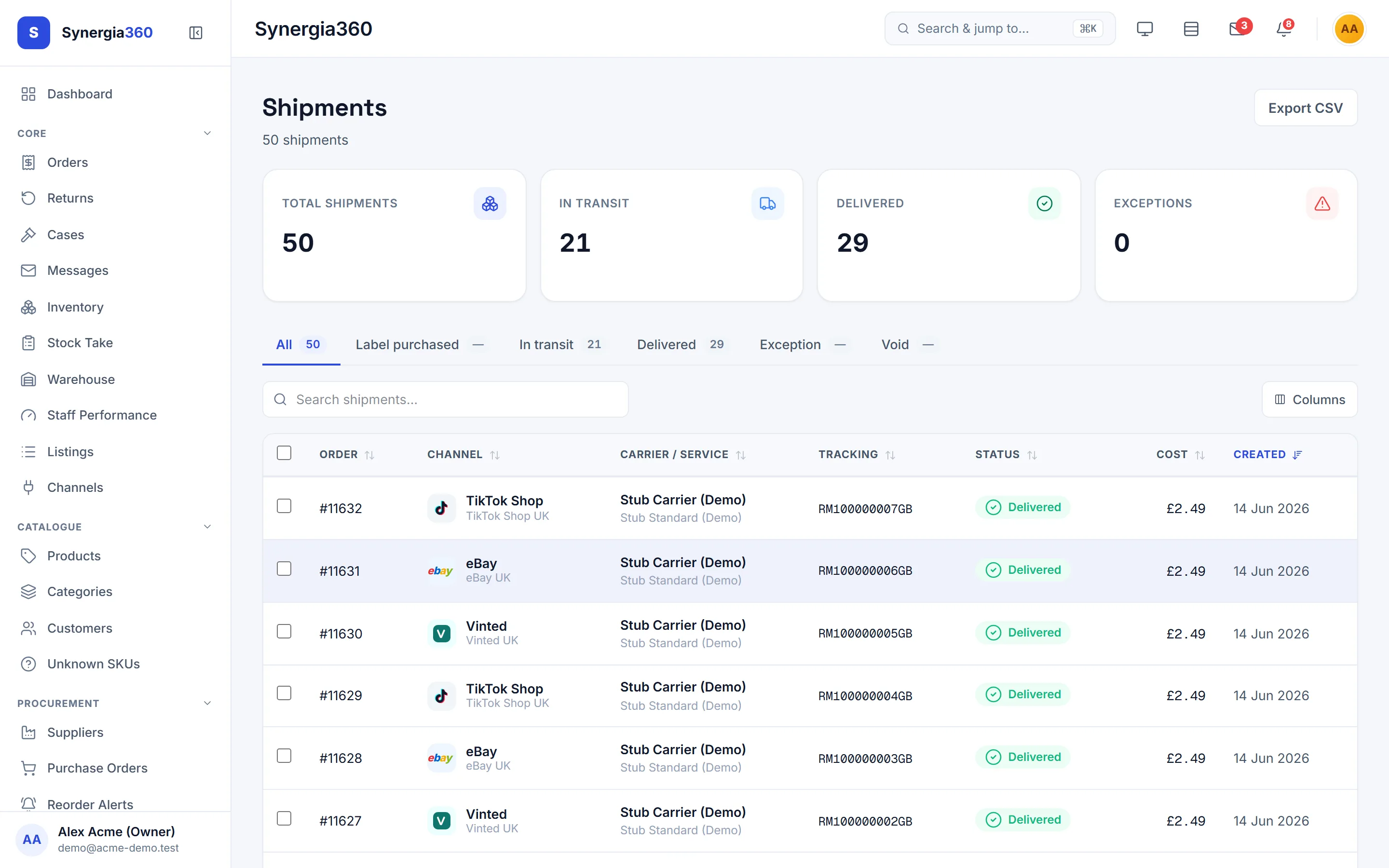Shipments queue with carrier, service, tracking and cost per order