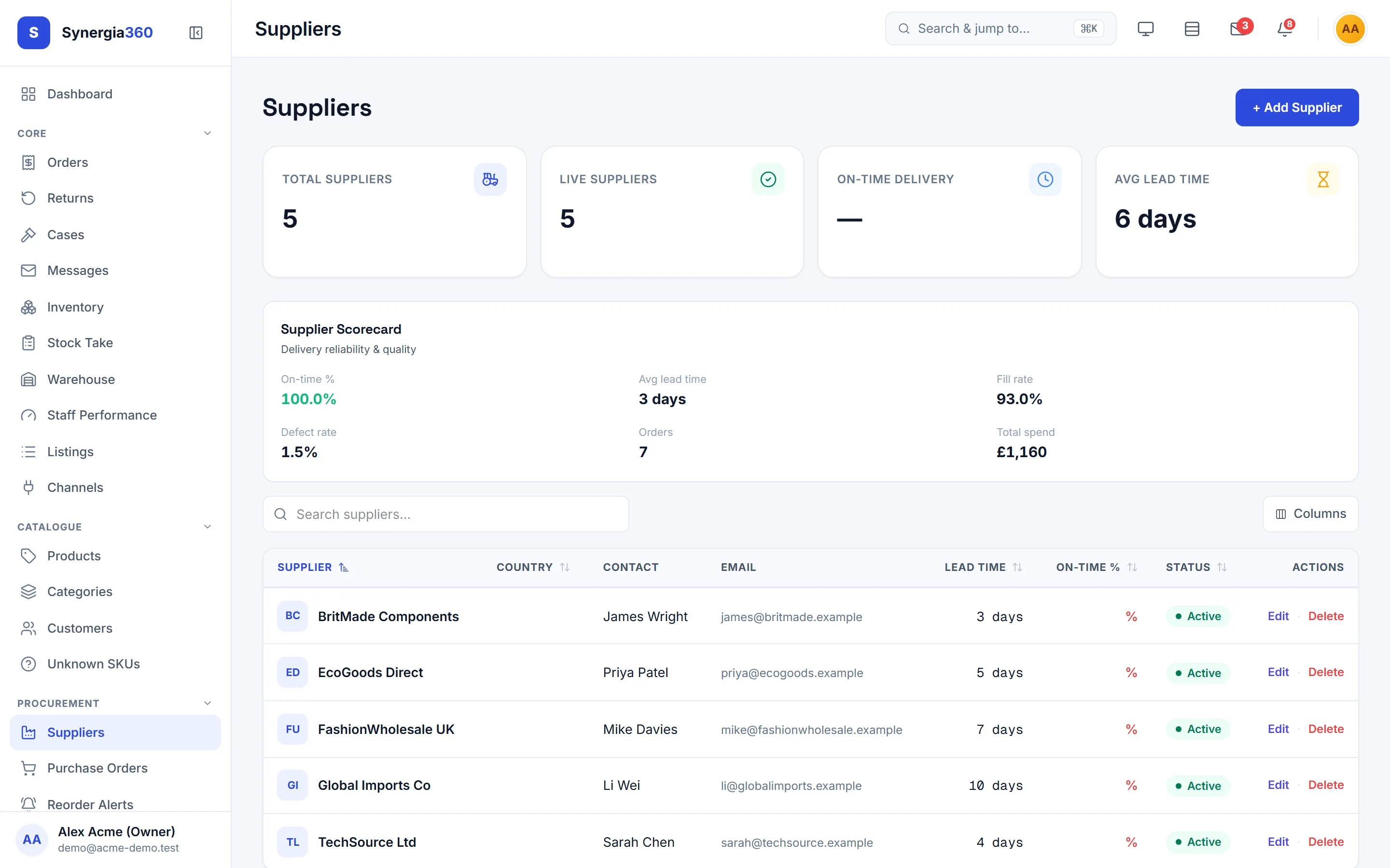 Supplier list with lead times and contacts
